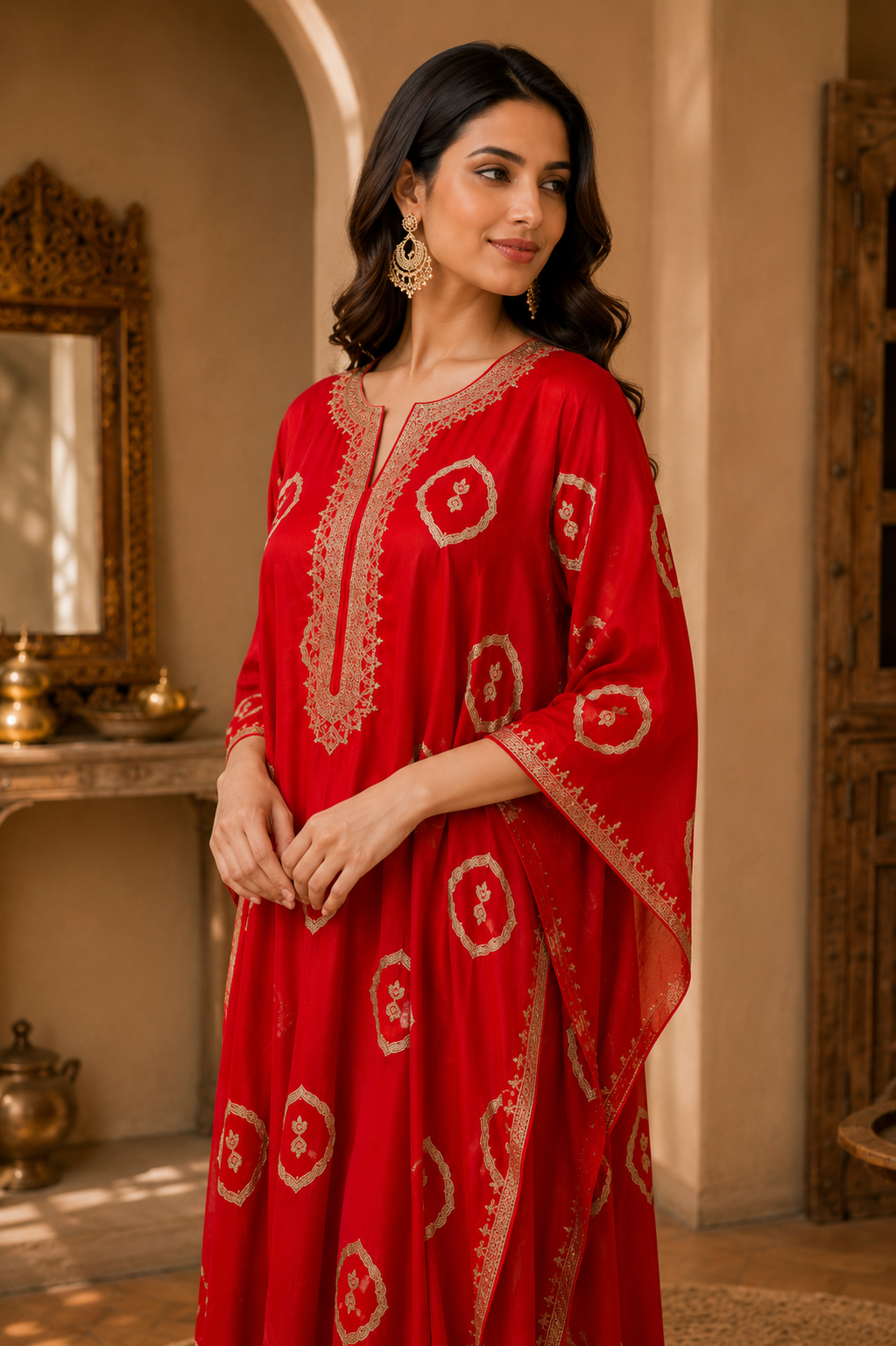 Red Embroidered Kaftan Dress
