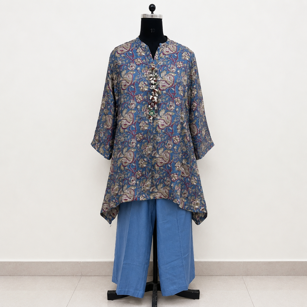 Indigo Moral Satan Printed Co-Ord Set With Embellished Neckline