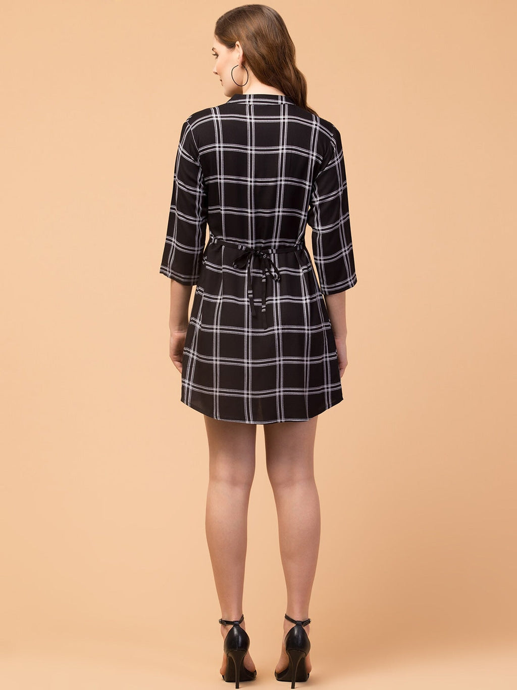 Monochrome Checked Shirt Dress with Flared Hem