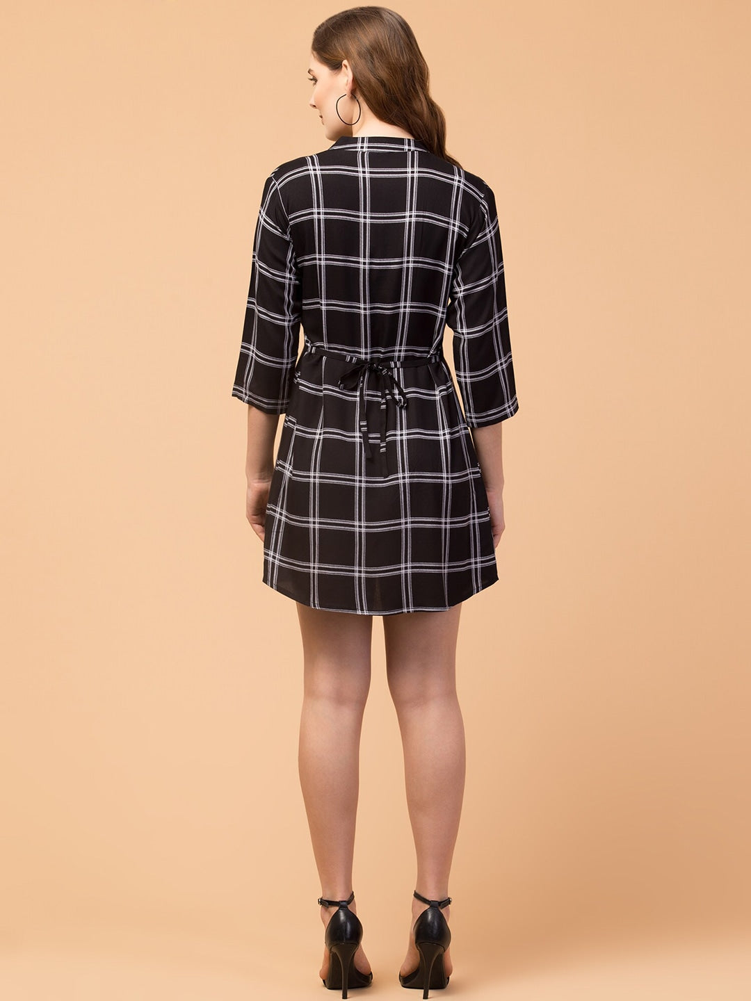 Monochrome Checked Shirt Dress with Flared Hem