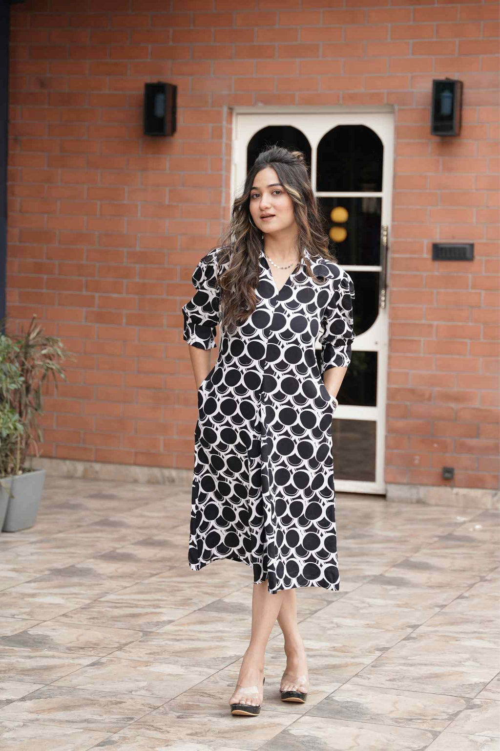 Radiant Reverie Woven Knee-Length Dress with Flared Hemline