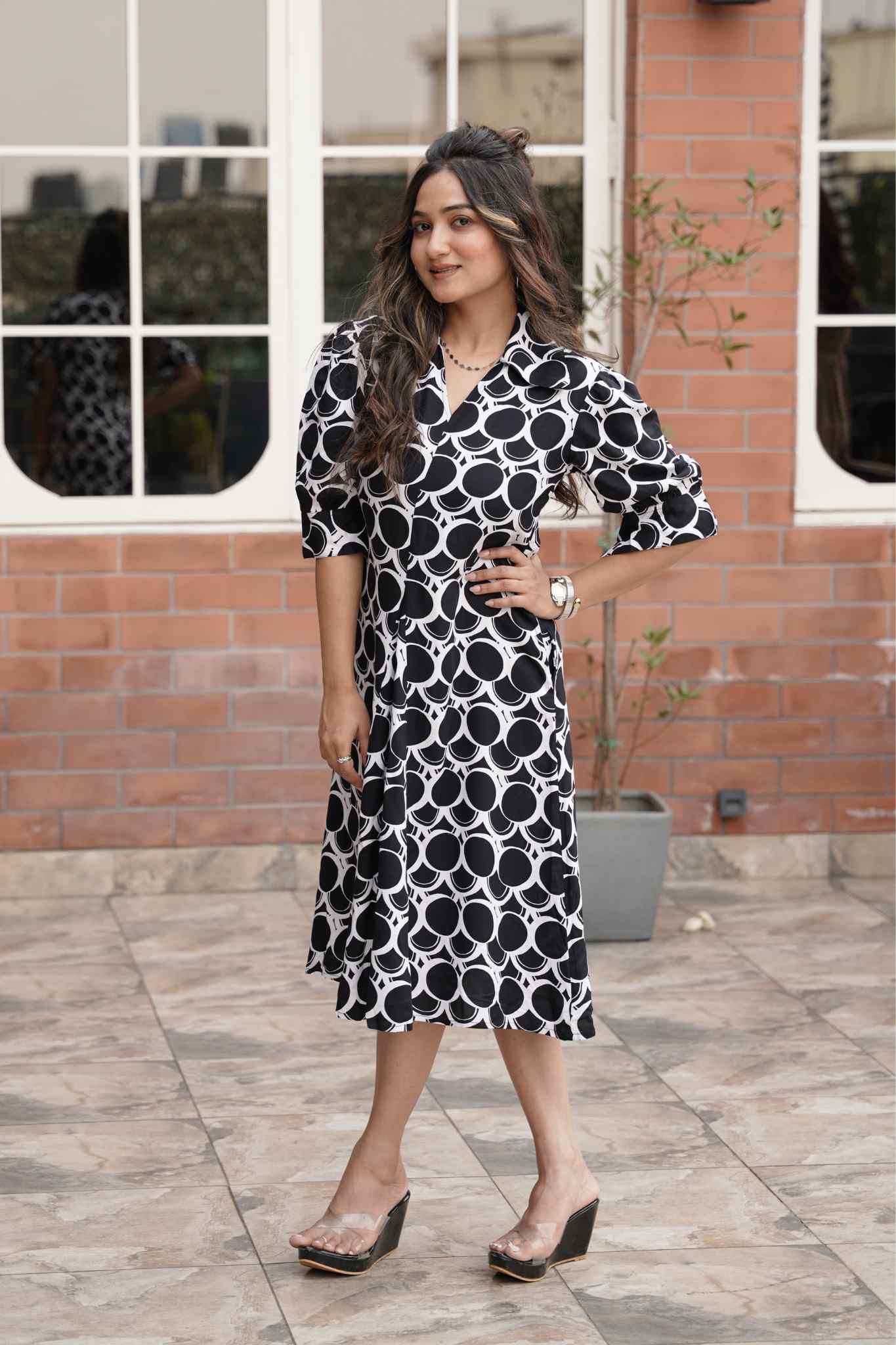 Radiant Reverie Woven Knee-Length Dress with Flared Hemline