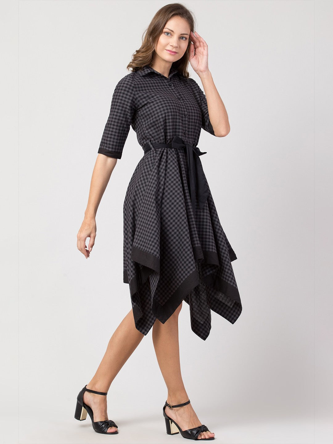Checked Cotton Shirt Collar Dress