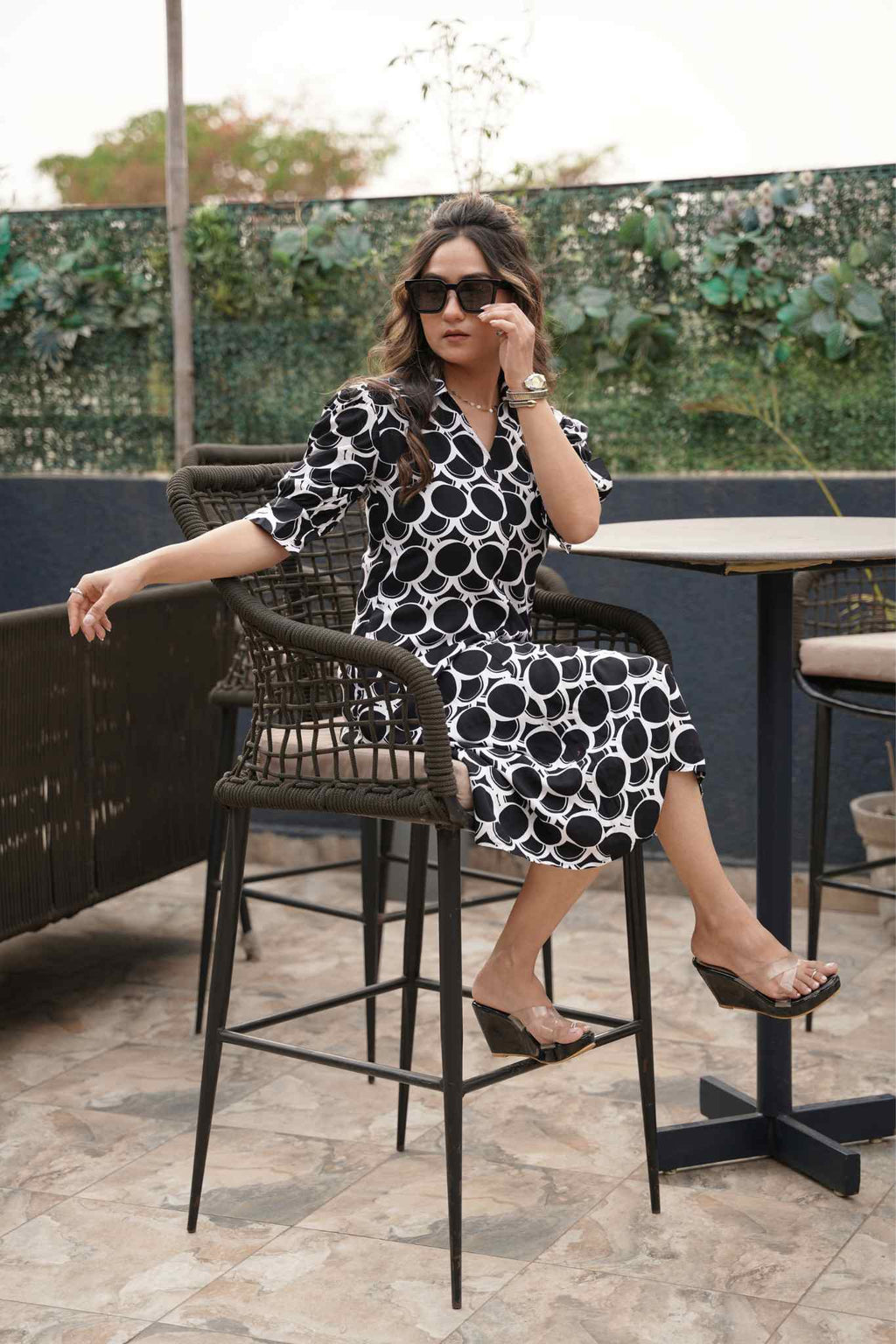 Radiant Reverie Woven Knee-Length Dress with Flared Hemline