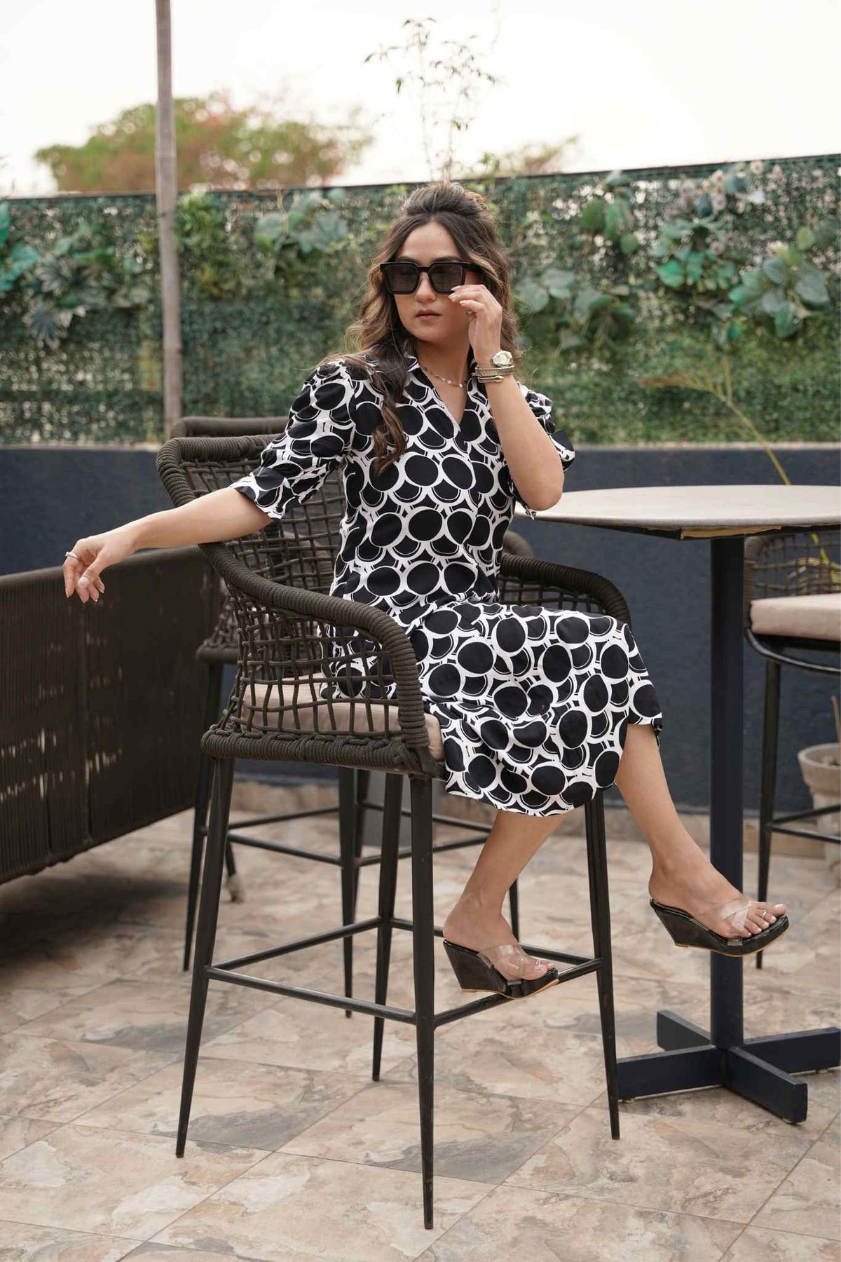 Radiant Reverie Woven Knee-Length Dress with Flared Hemline