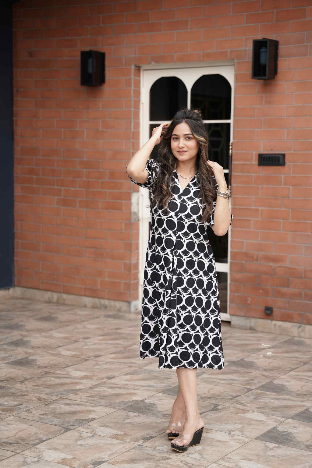 Radiant Reverie Woven Knee-Length Dress with Flared Hemline