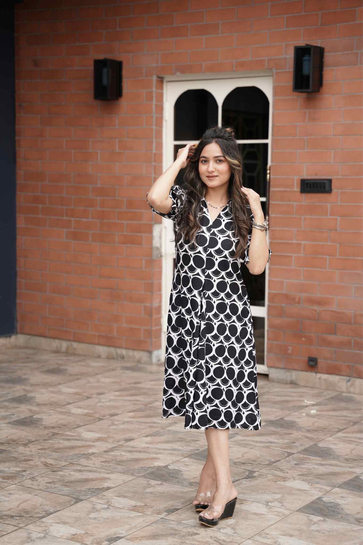 Radiant Reverie Woven Knee-Length Dress with Flared Hemline