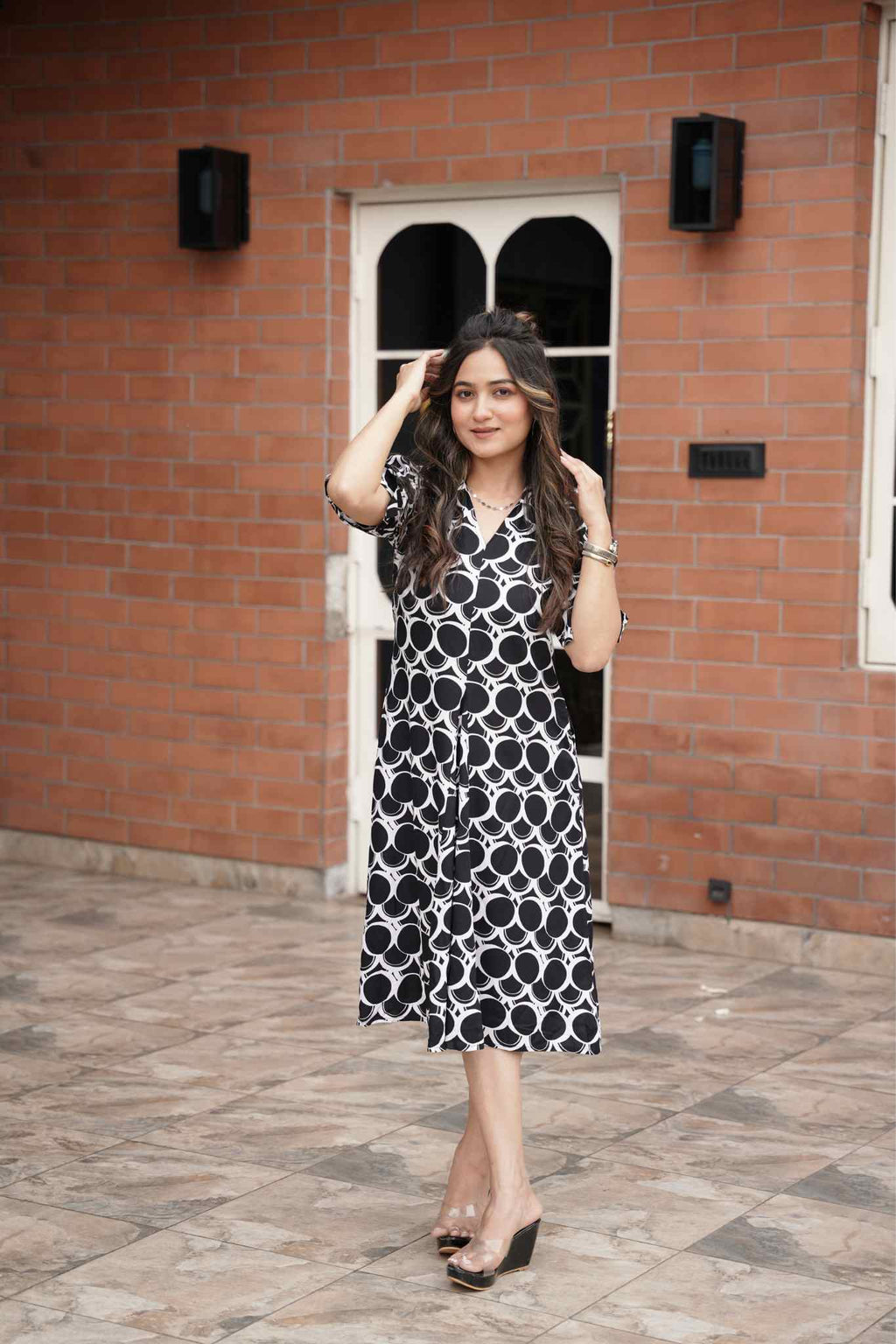 Radiant Reverie Woven Knee-Length Dress with Flared Hemline