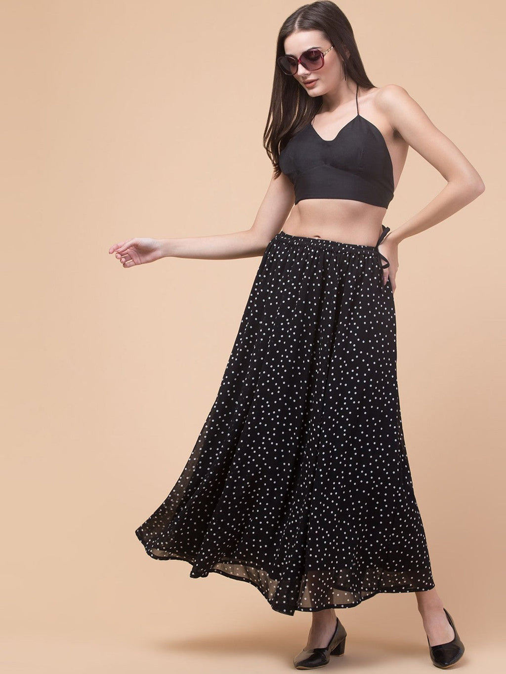 Black Abstract print Flared Maxi Skirt