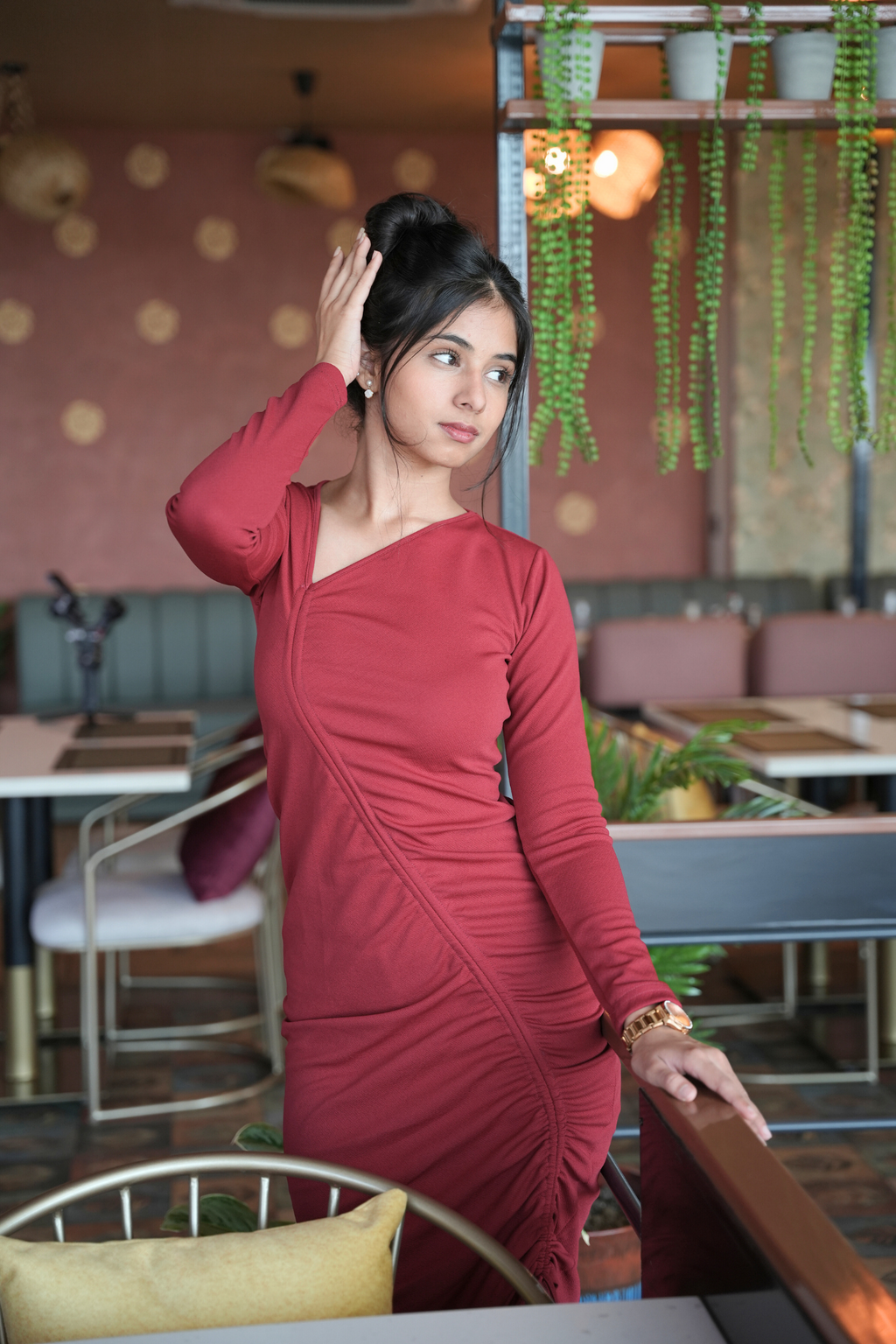 Maroon Luxe Long-Sleeve Bodycon Dress