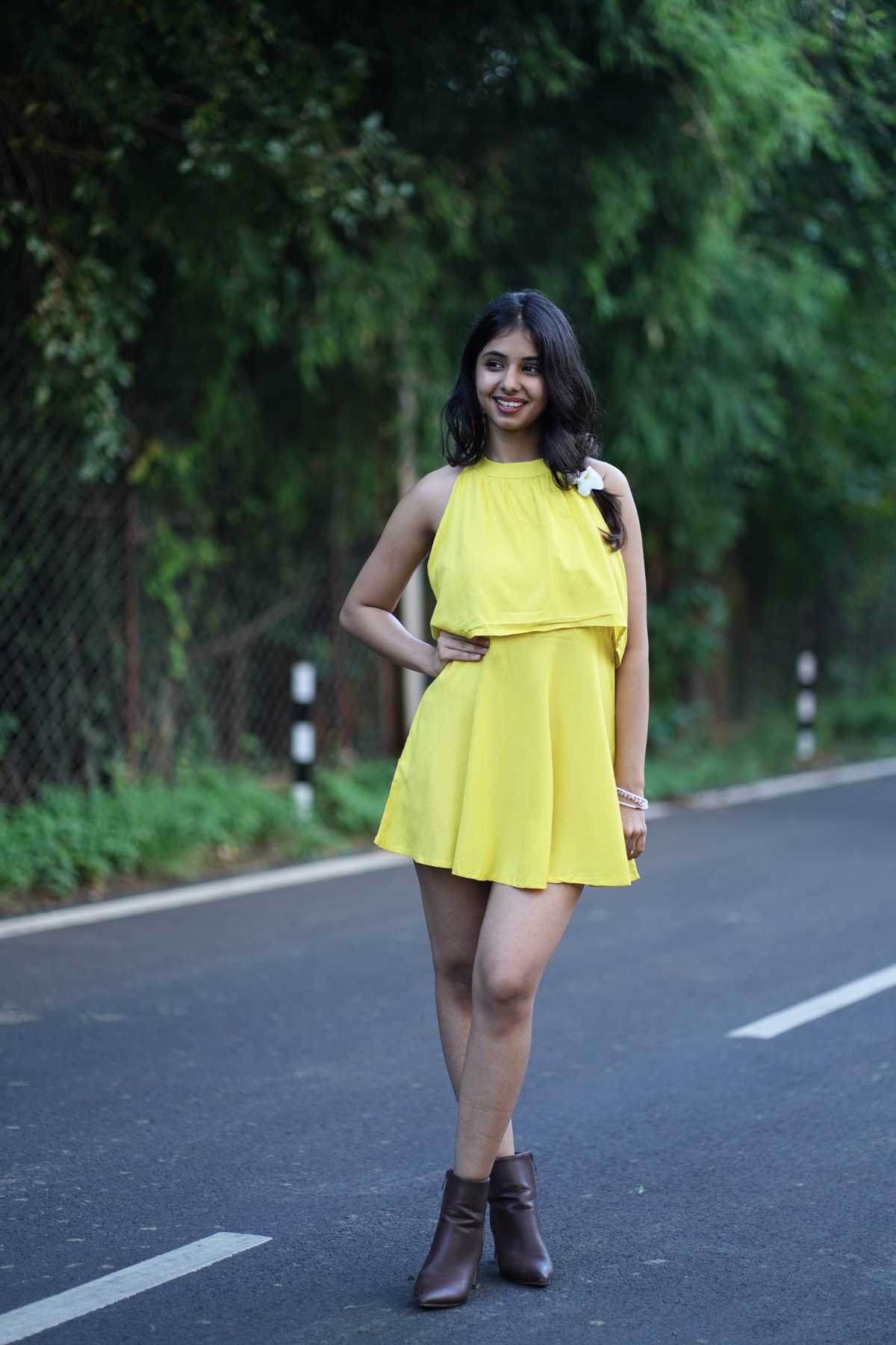 Yellow Solid Halter Neck Mini Dress