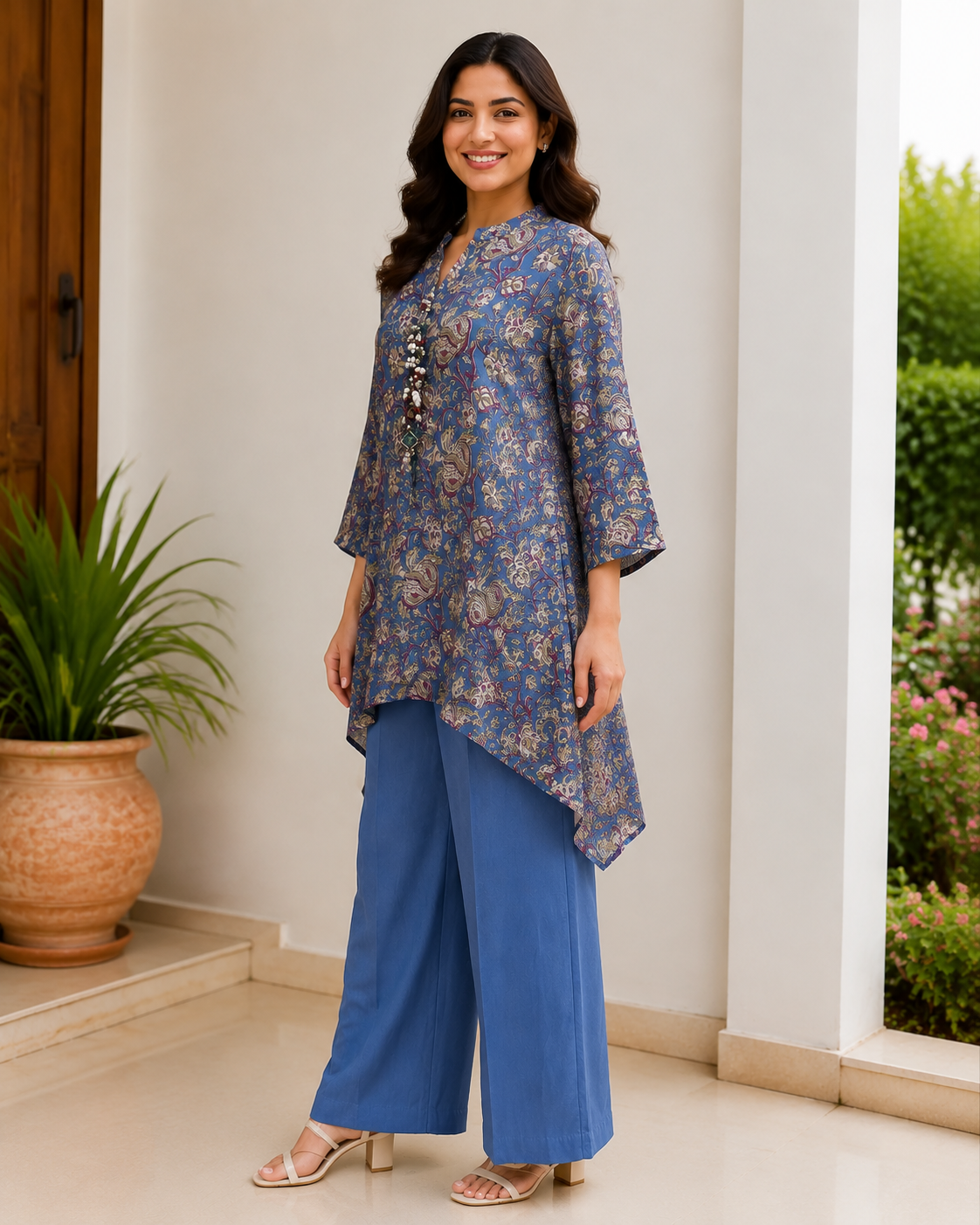 Indigo Moral Satan Printed Co-Ord Set With Embellished Neckline