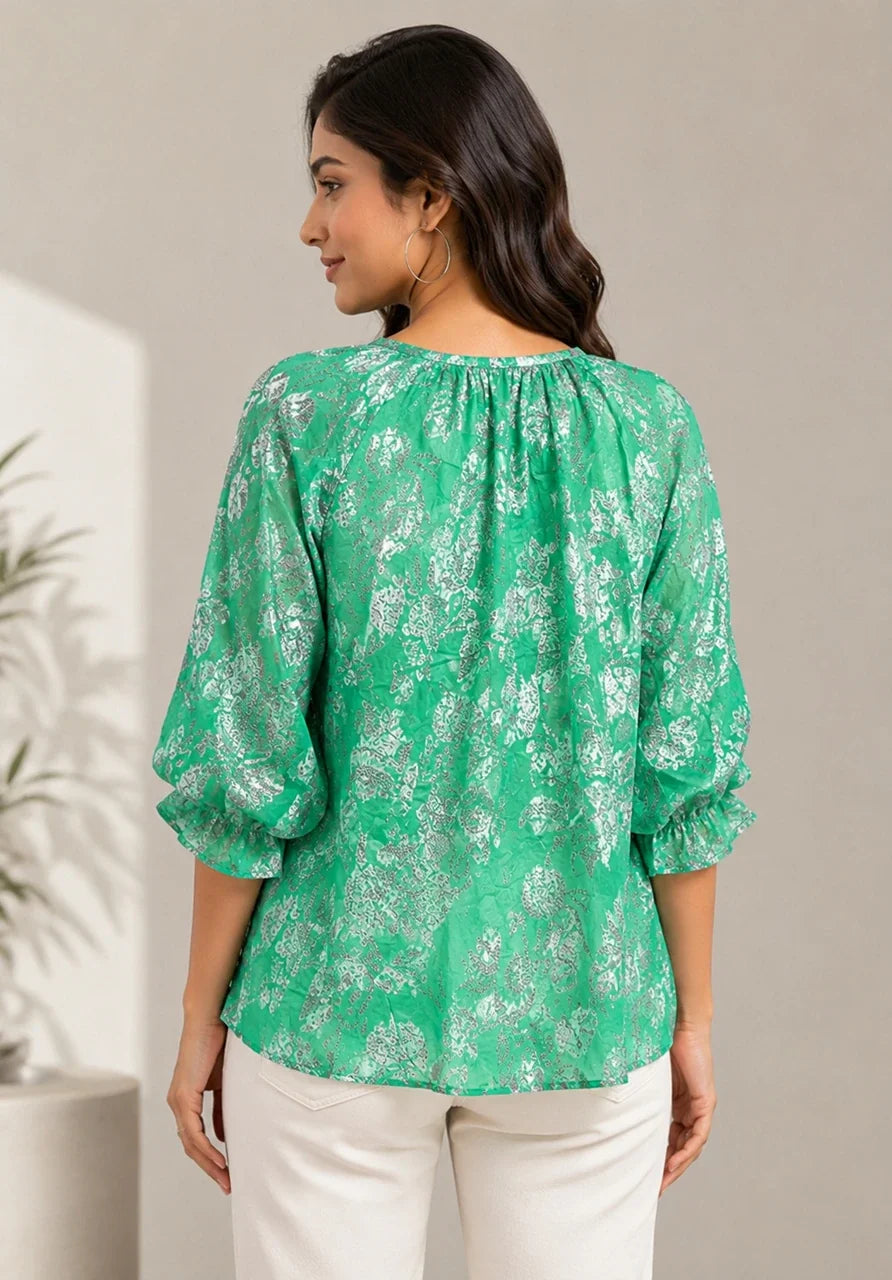 Emerald Bloom Printed Peasant Top