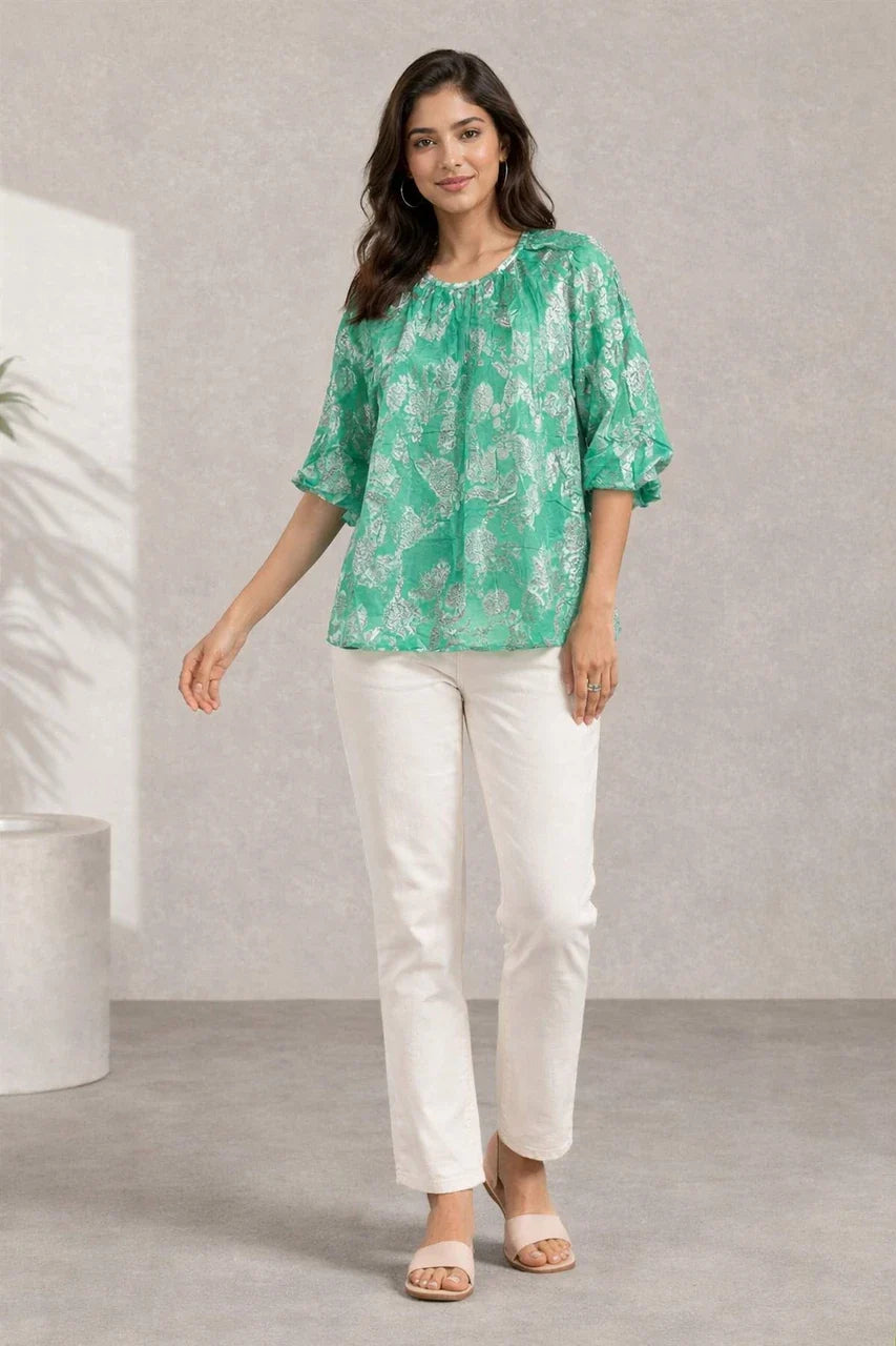 Emerald Bloom Printed Peasant Top