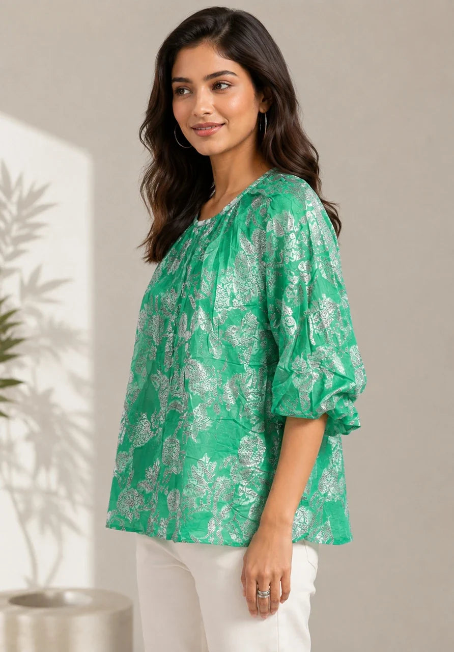 Emerald Bloom Printed Peasant Top