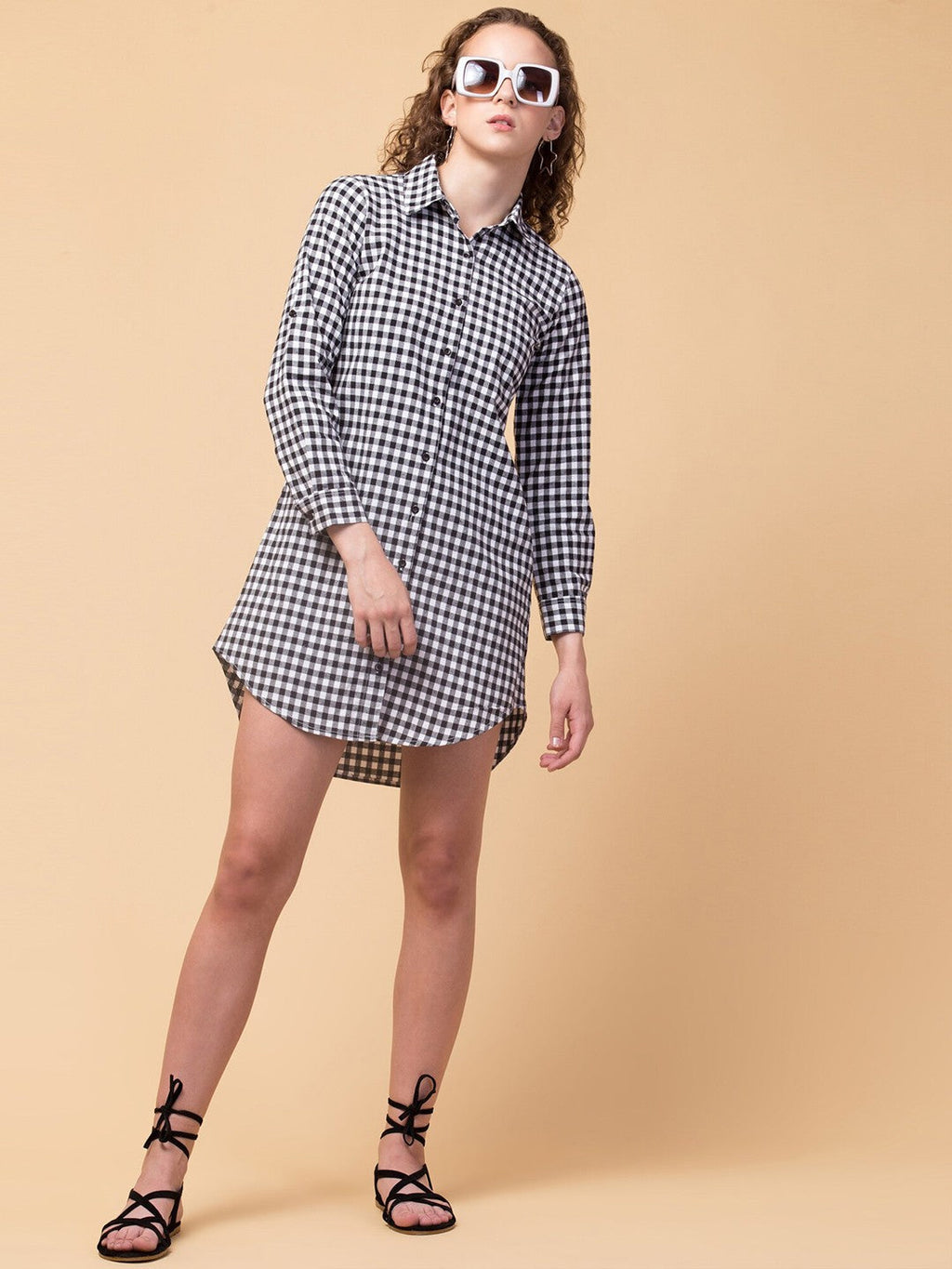 Black Checks Cotton Shirt Dress