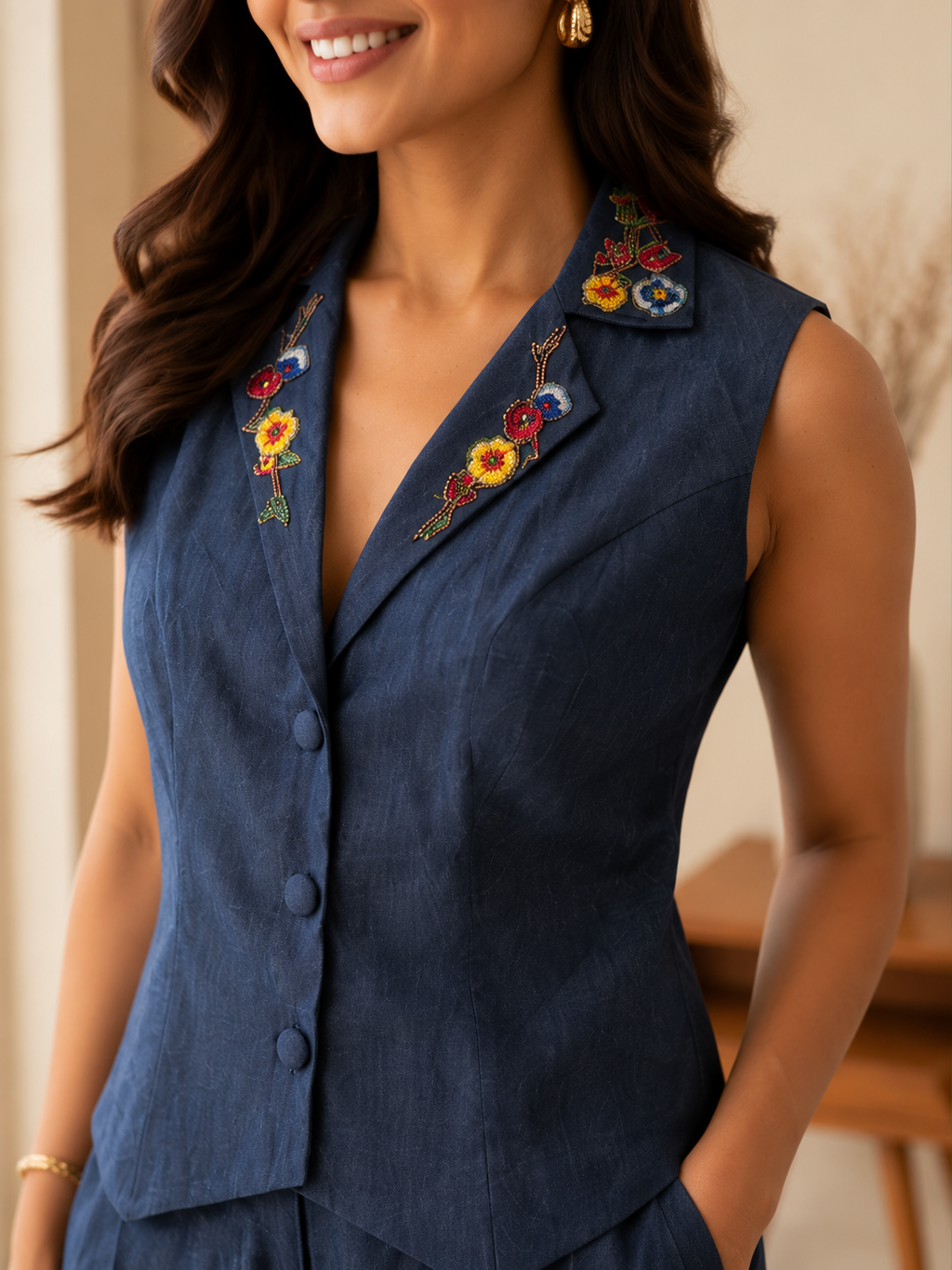 Navy Blue Embroidered Denim Co-Ord Set