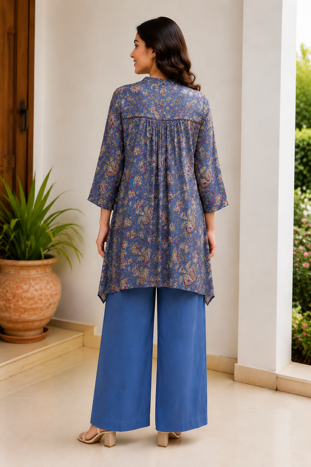 Indigo Moral Satan Printed Co-Ord Set With Embellished Neckline