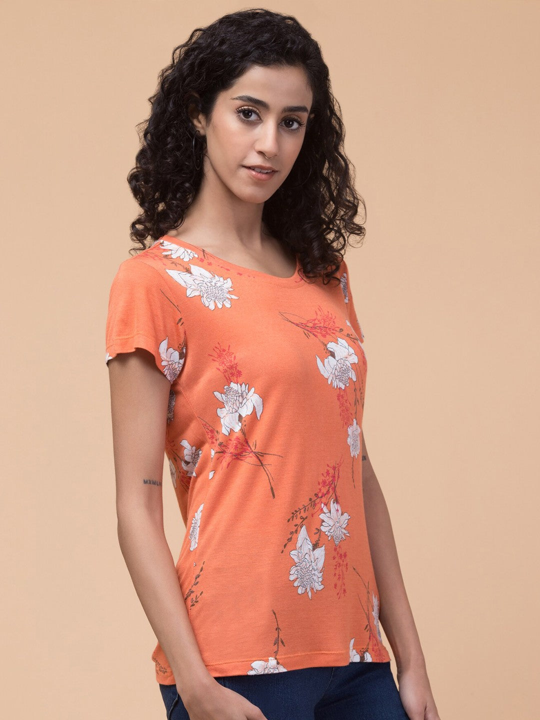 Orange Floral print Relaxed fit T-shirt