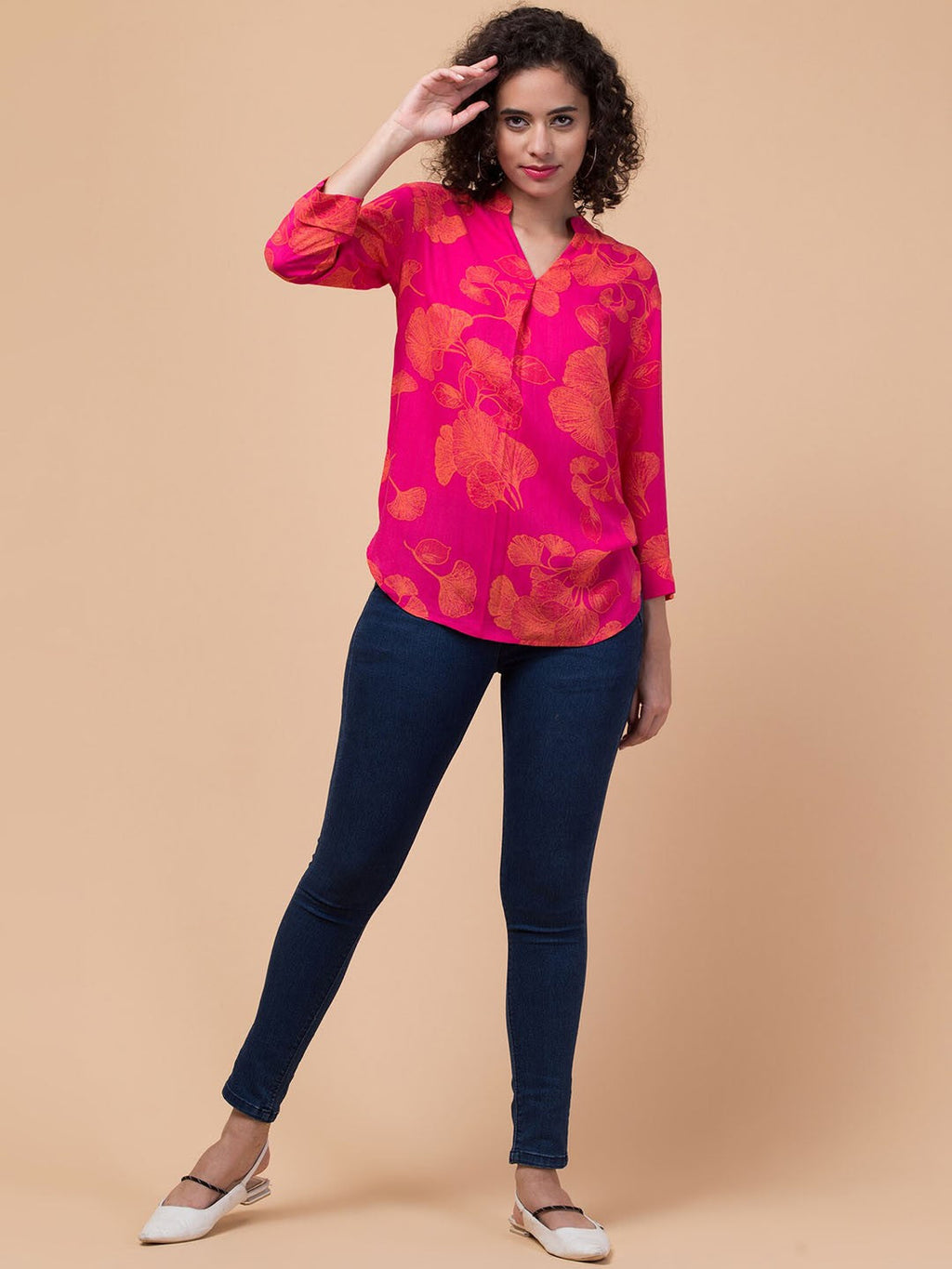 Pink Floral print Shirt Style Top