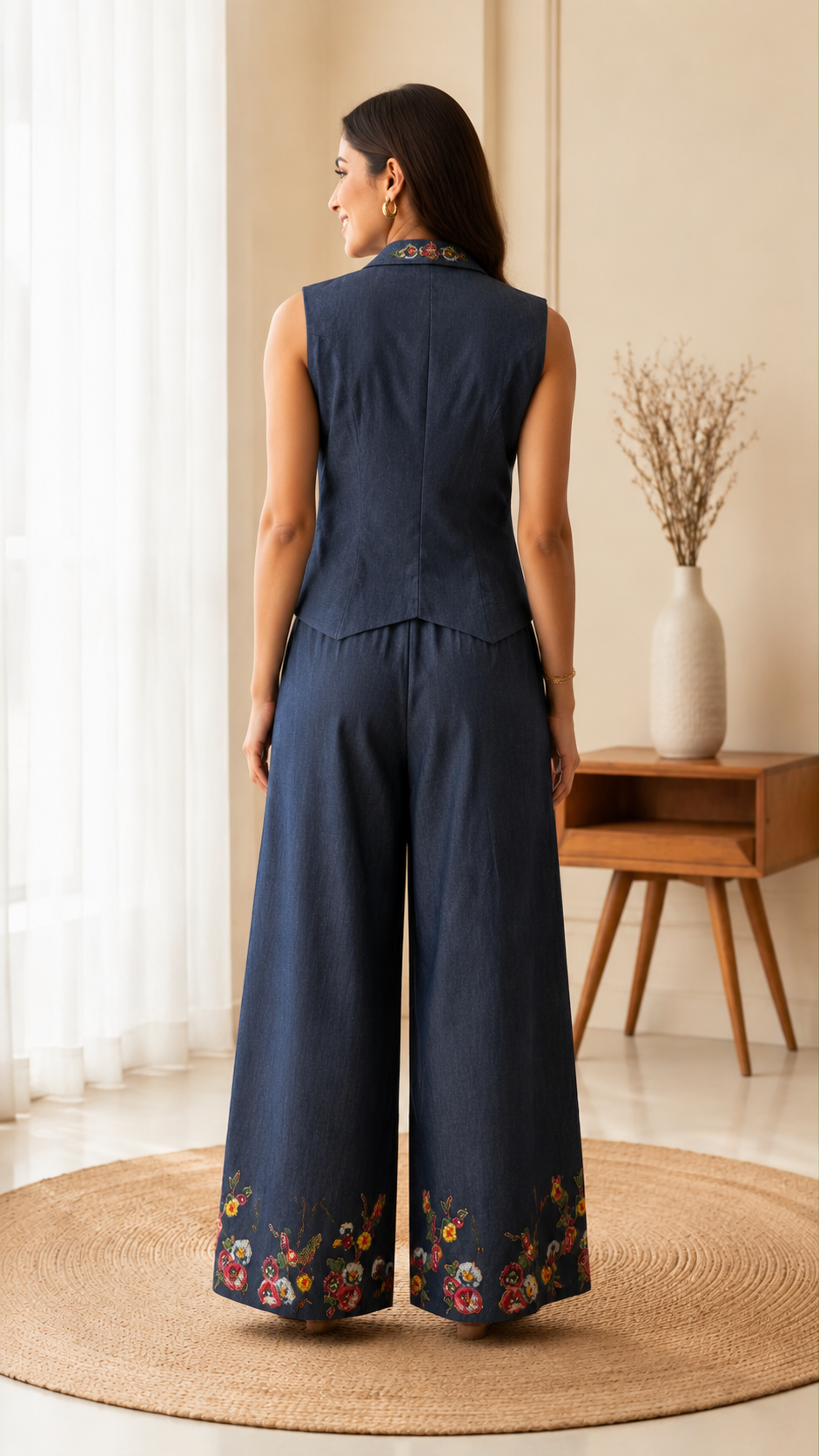Navy Blue Embroidered Denim Co-Ord Set