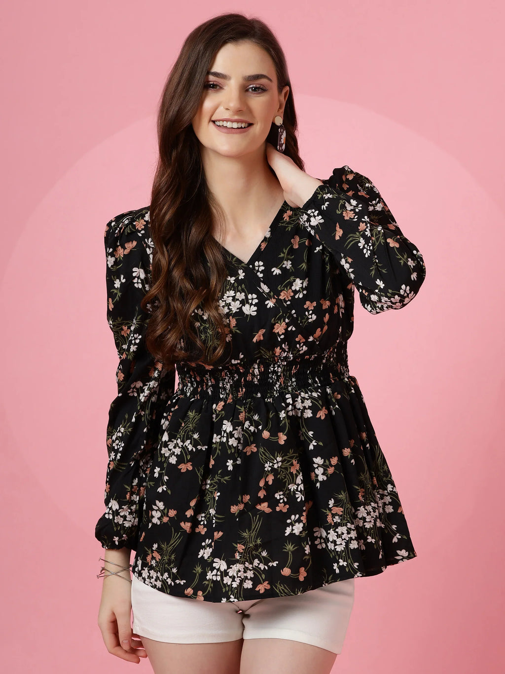 Korean-Style Black Floral V-Neck Top with Puff Sleeves | Wyshlist
