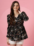 Korean-Style Black Floral V-Neck Top with Puff Sleeves | Wyshlist
