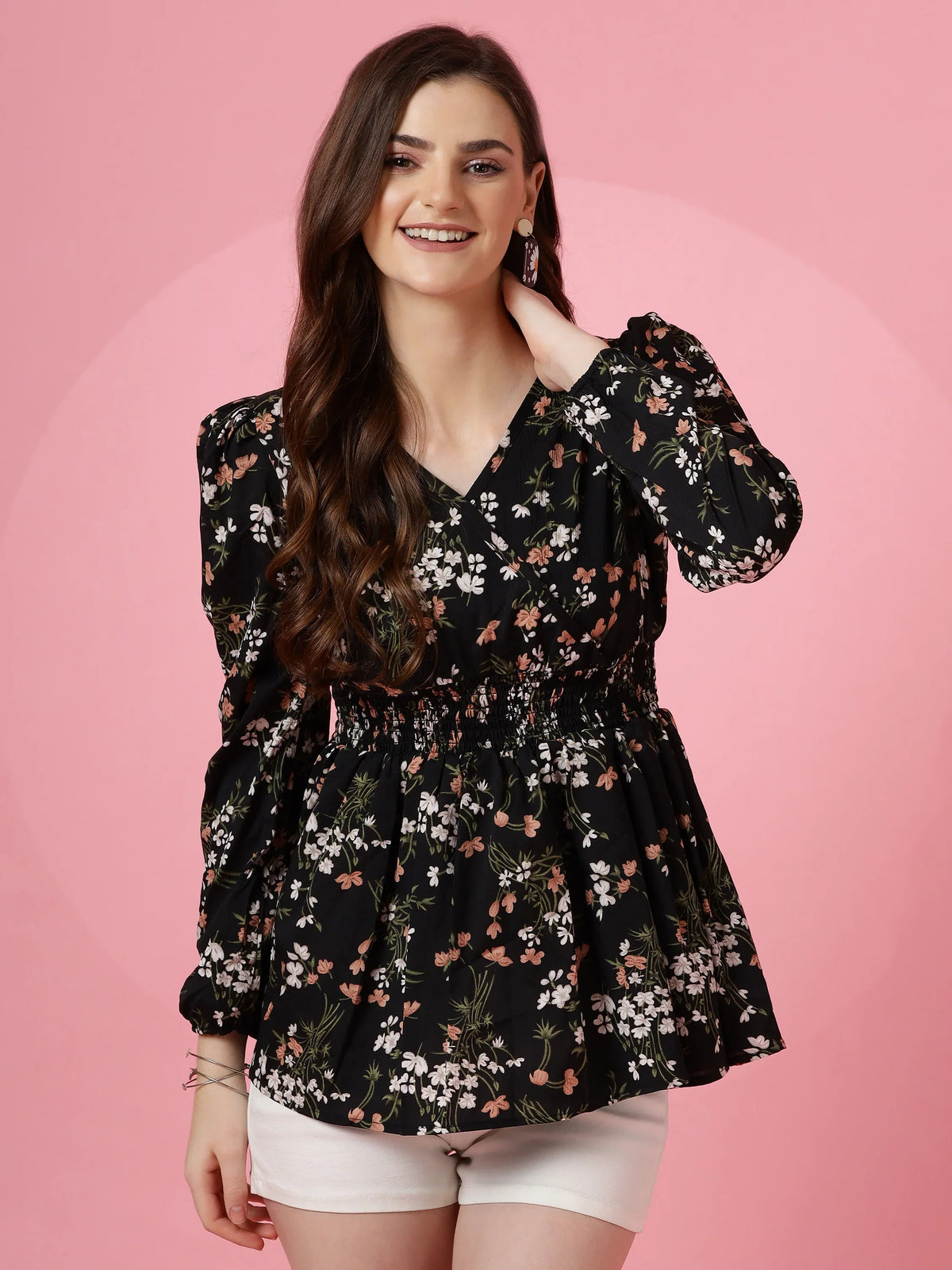 Korean-Style Black Floral V-Neck Top with Puff Sleeves | Wyshlist