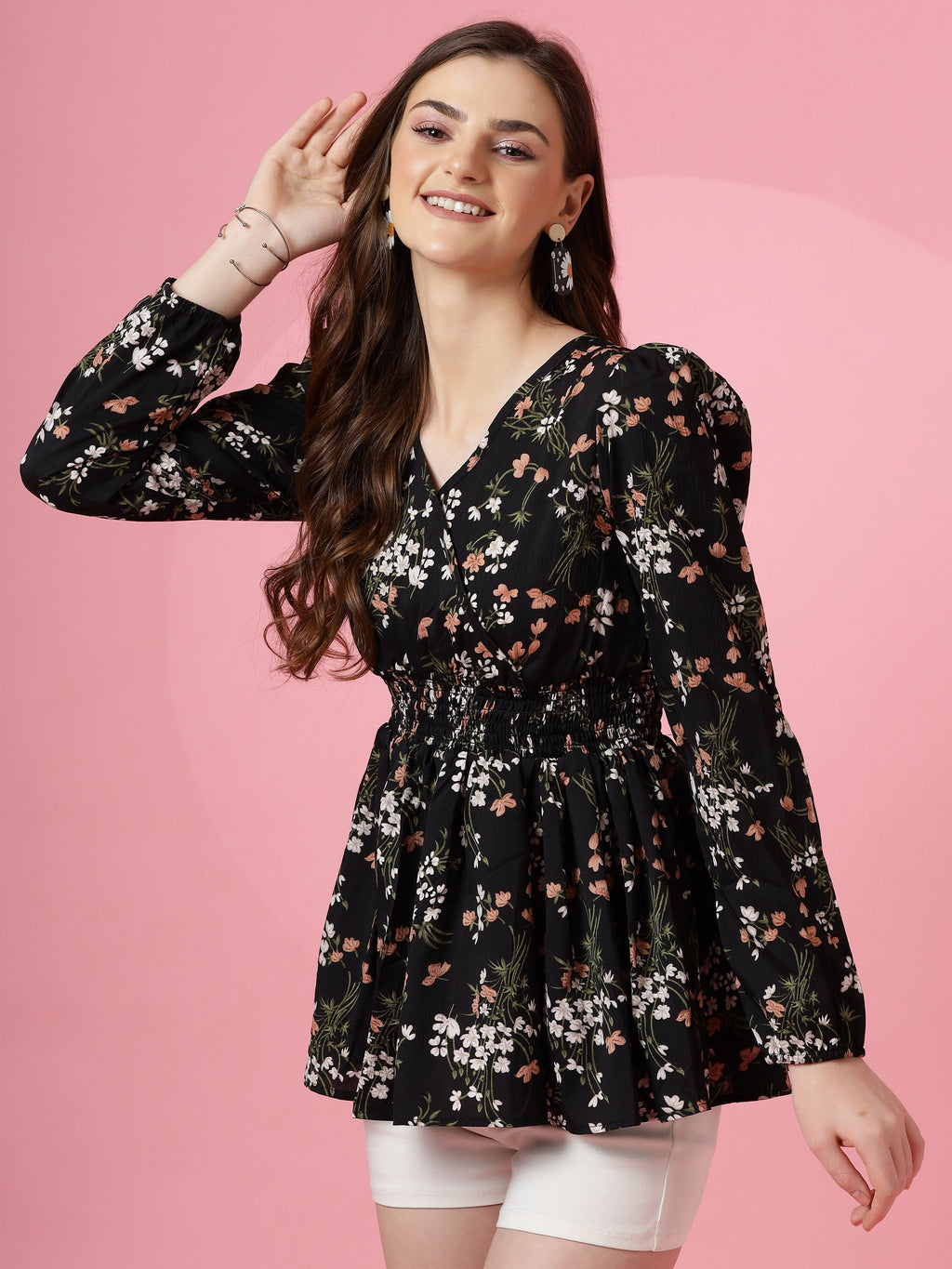 Korean-Style Black Floral V-Neck Top with Puff Sleeves | Wyshlist