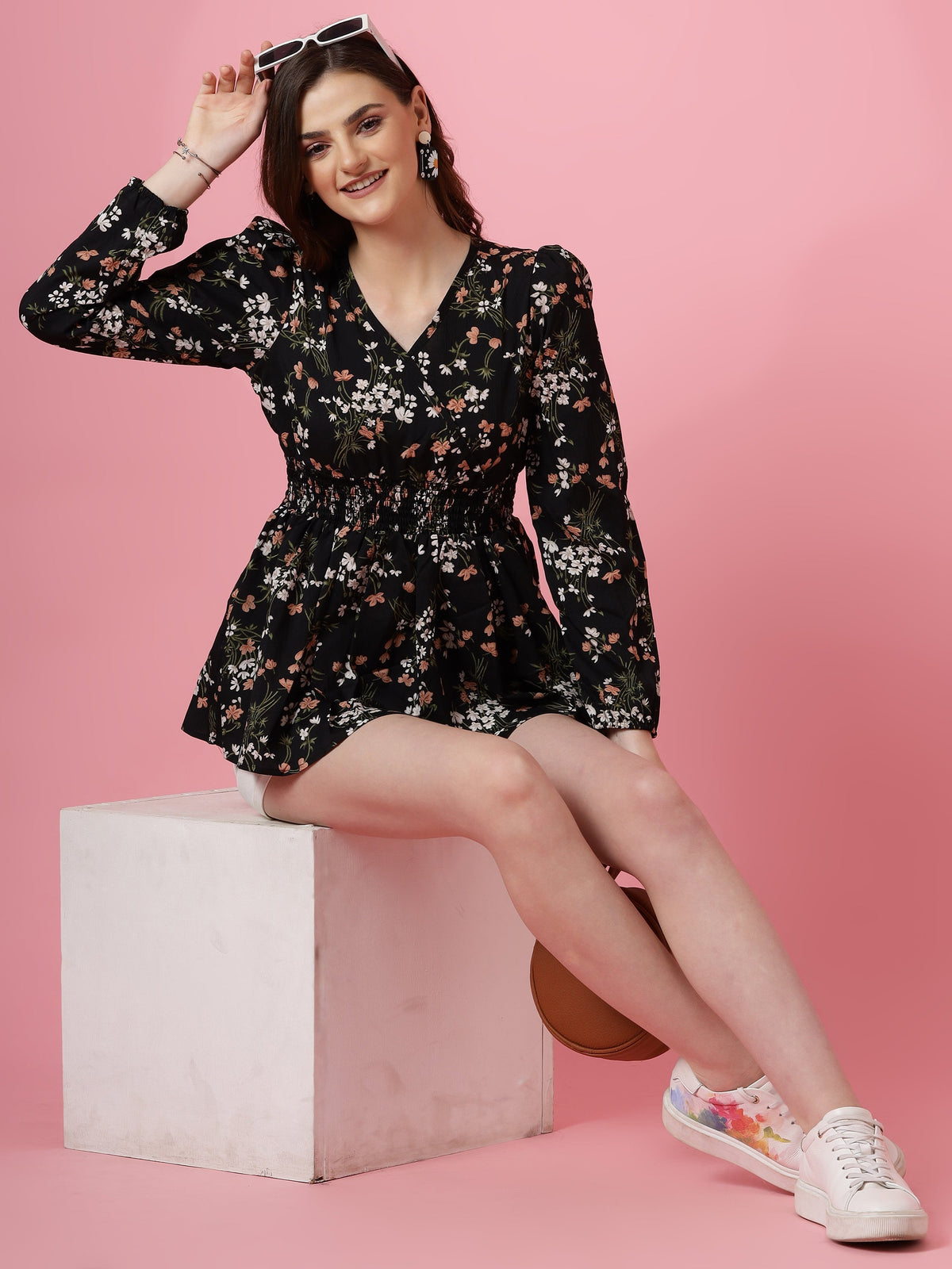 Korean-Style Black Floral V-Neck Top with Puff Sleeves | Wyshlist