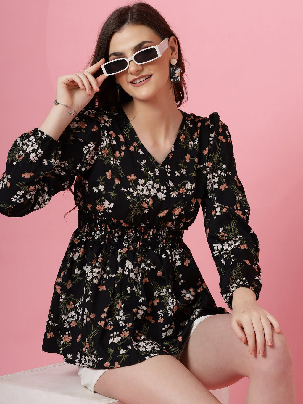 Korean-Style Black Floral V-Neck Top with Puff Sleeves | Wyshlist