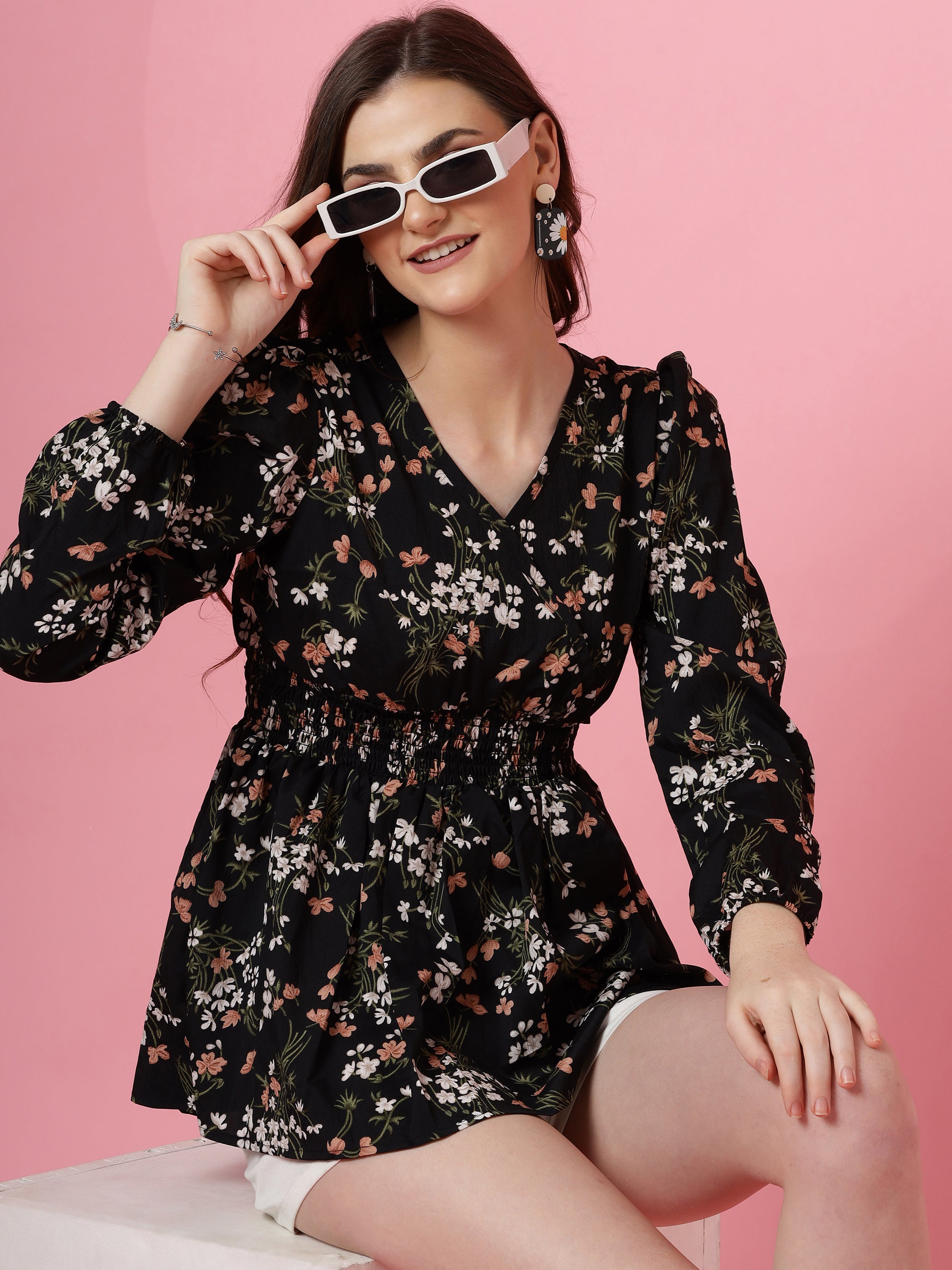 Korean-Style Black Floral V-Neck Top with Puff Sleeves | Wyshlist