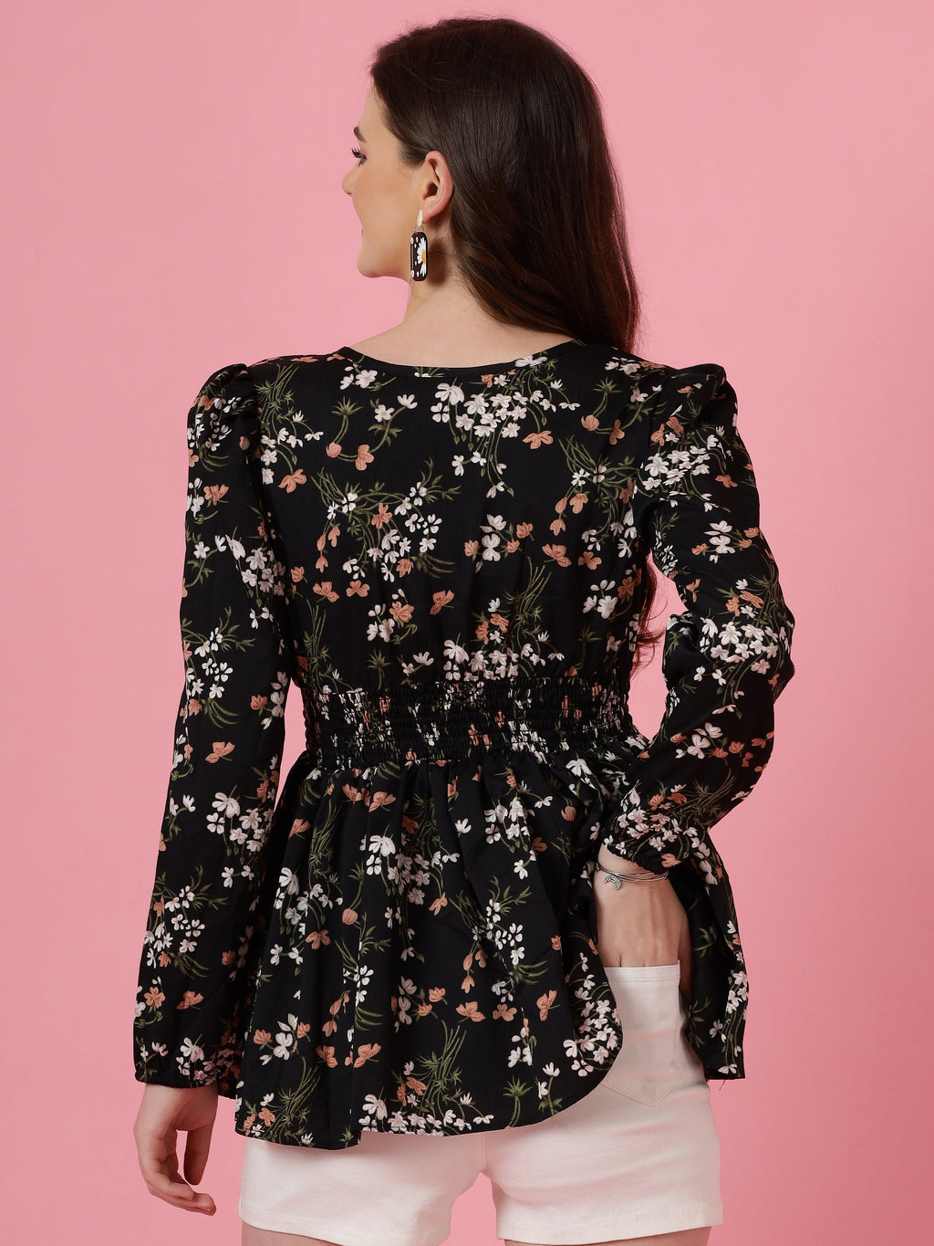 Korean-Style Black Floral V-Neck Top with Puff Sleeves | Wyshlist