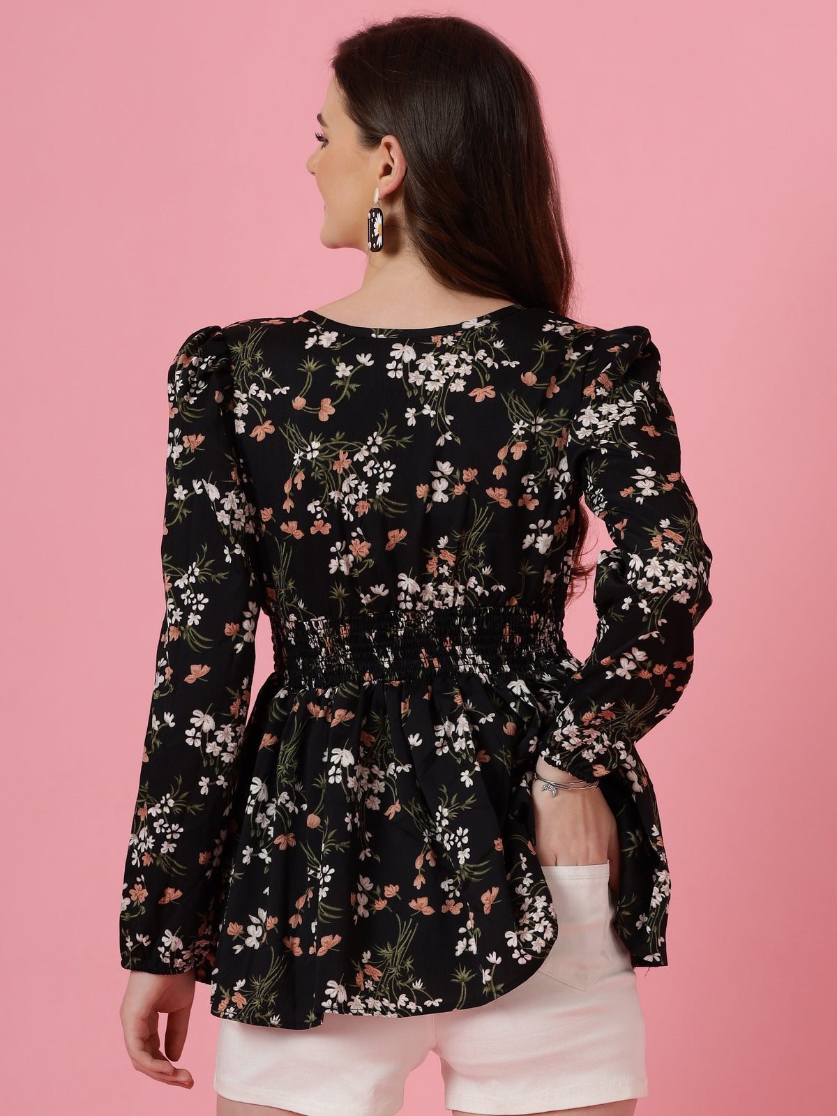 Korean-Style Black Floral V-Neck Top with Puff Sleeves | Wyshlist