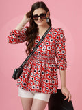 Red Floral Puff Sleeves Top