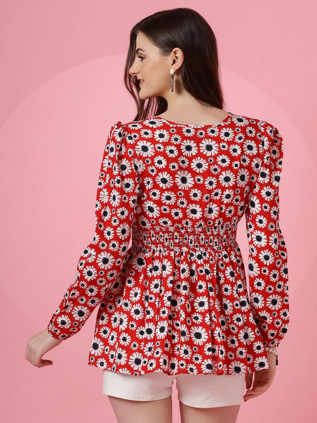 Red Floral Puff Sleeves Top