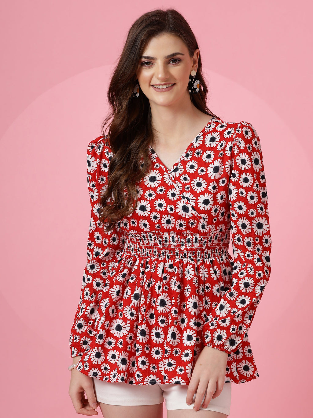 Red Floral Puff Sleeves Top