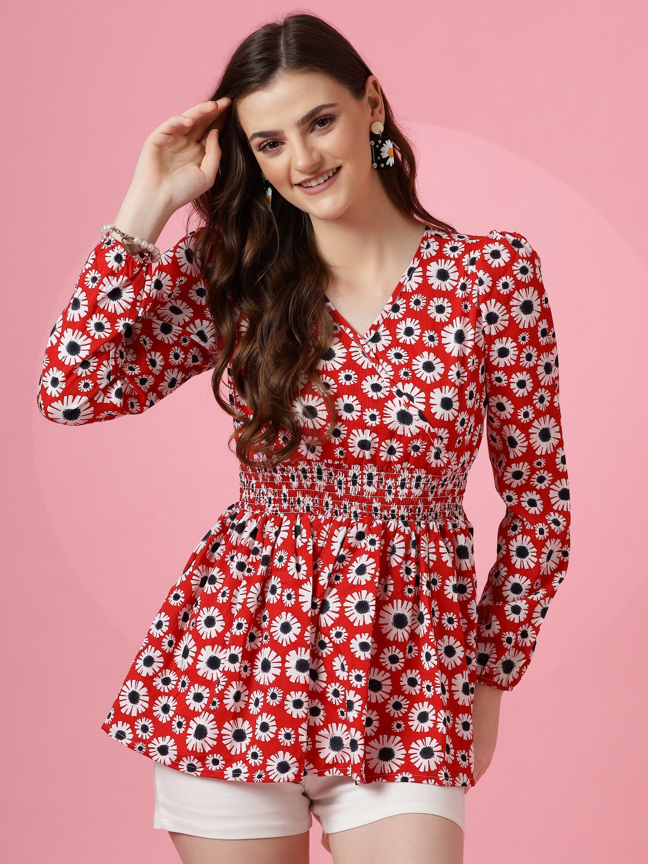 Red Floral Puff Sleeves Top