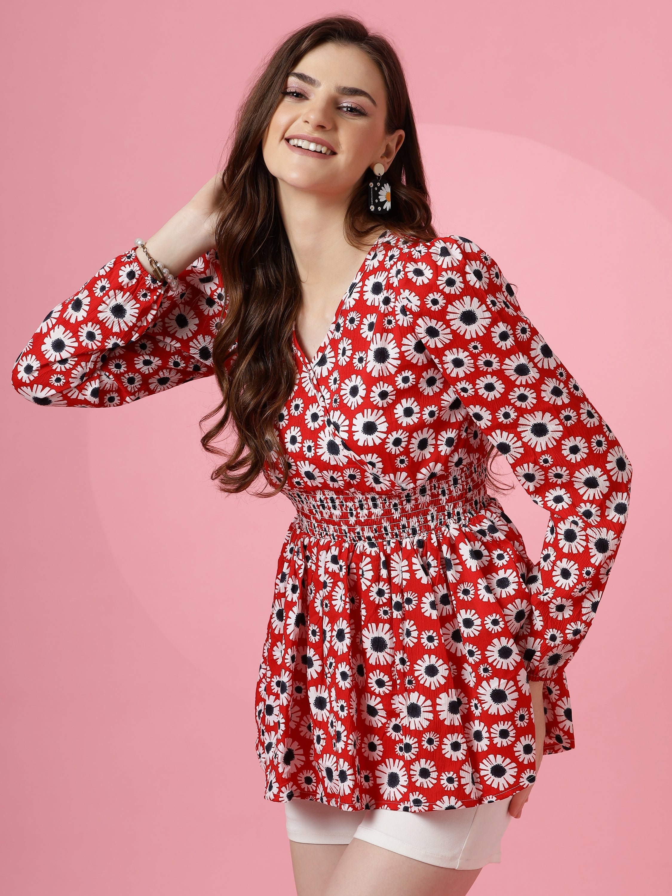 Red Floral Puff Sleeves Top