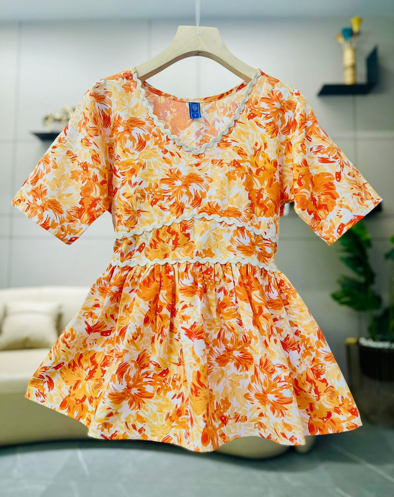 Orange Floral Half Sleeves Peplum Top