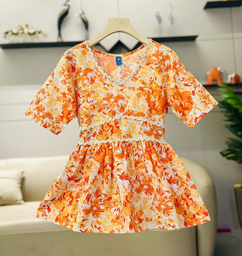 Orange Floral Half Sleeves Peplum Top