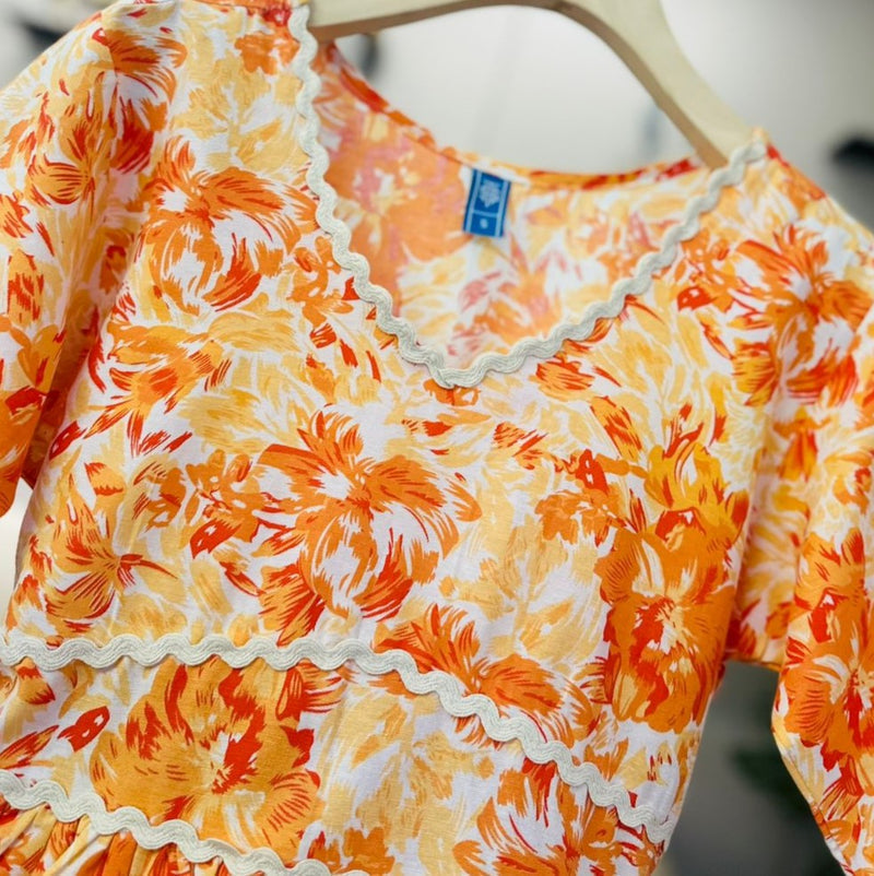 Orange Floral Half Sleeves Peplum Top