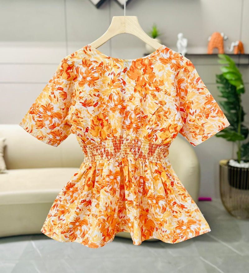 Orange Floral Half Sleeves Peplum Top