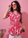 Korean-Style Pink Floral Collar Peplum Top | Wyshlist