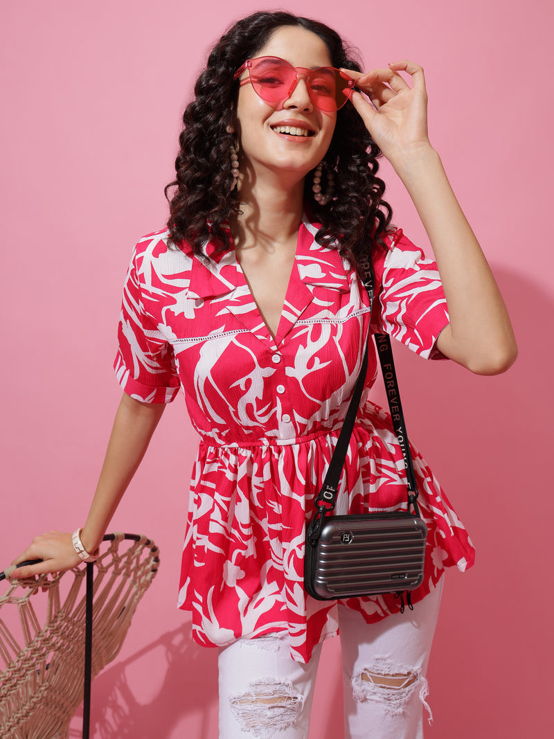 Korean-Style Pink Floral Collar Peplum Top | Wyshlist
