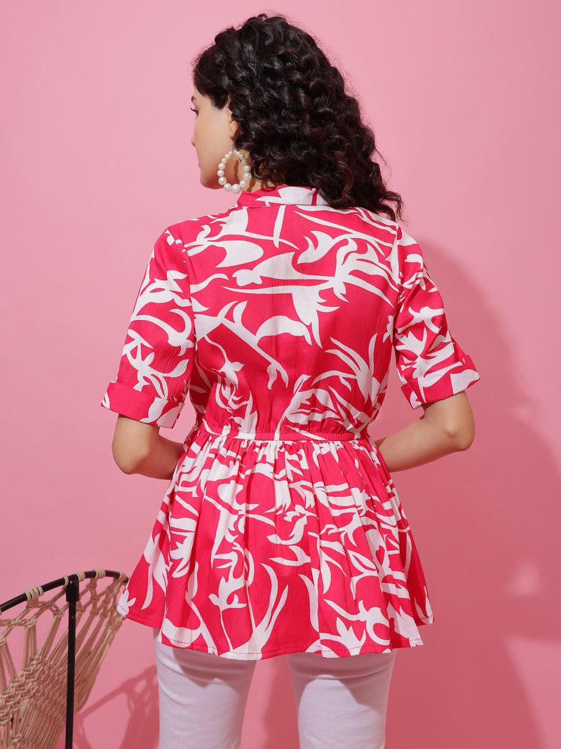 Korean-Style Pink Floral Collar Peplum Top | Wyshlist