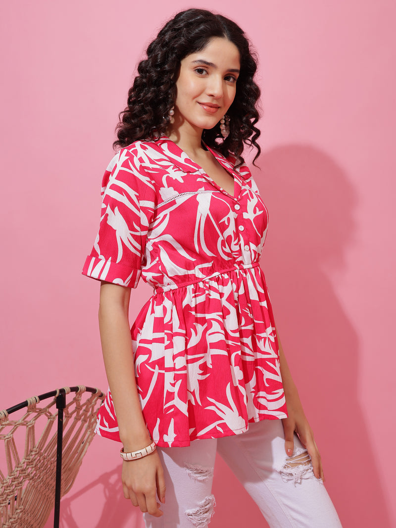Korean-Style Pink Floral Collar Peplum Top | Wyshlist