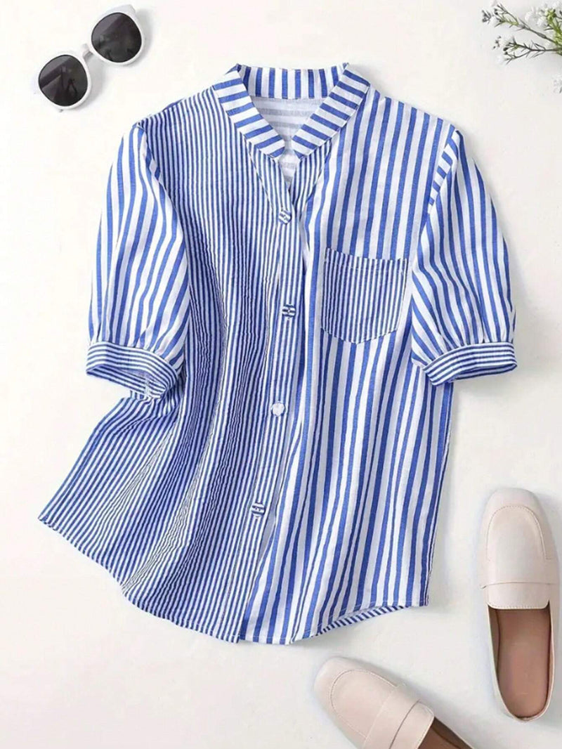 Blue Striped  Mandarin Collar Regular Top