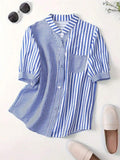 Blue Striped  Mandarin Collar Regular Top