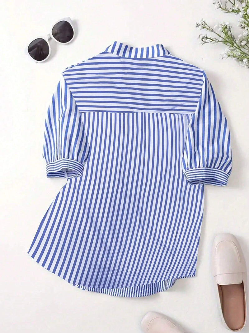 Blue Striped  Mandarin Collar Regular Top